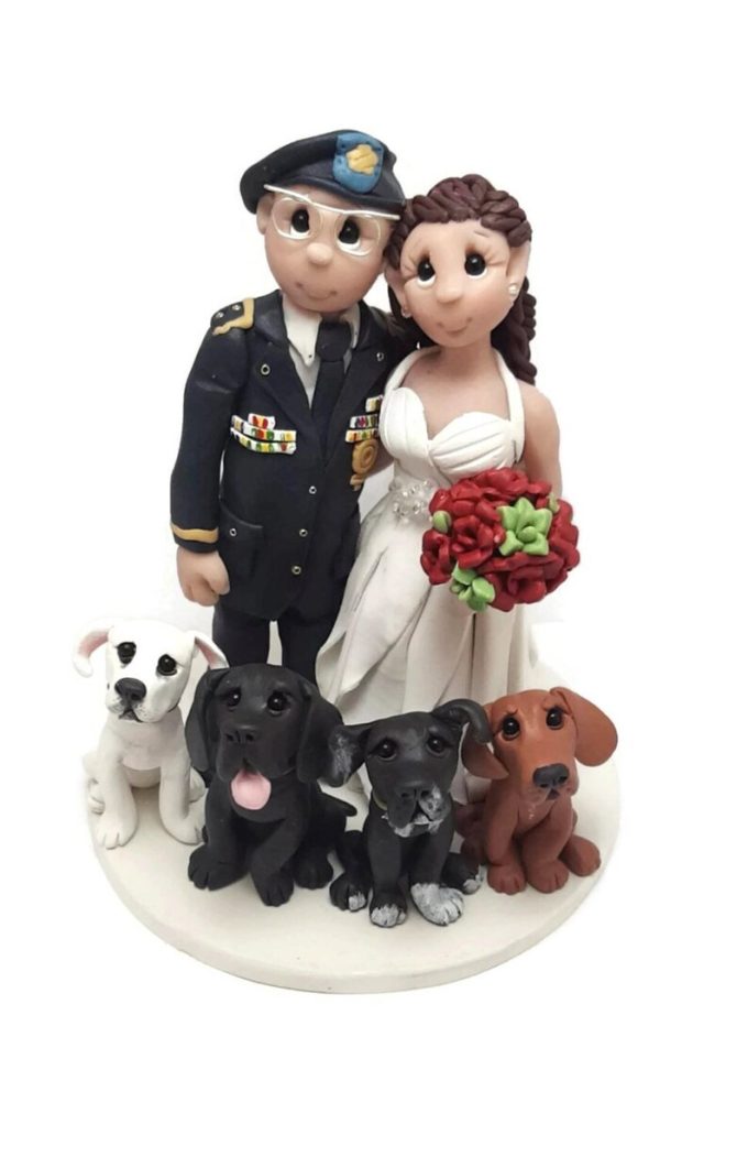 bride and groom armed forces figure cake topper with dogs