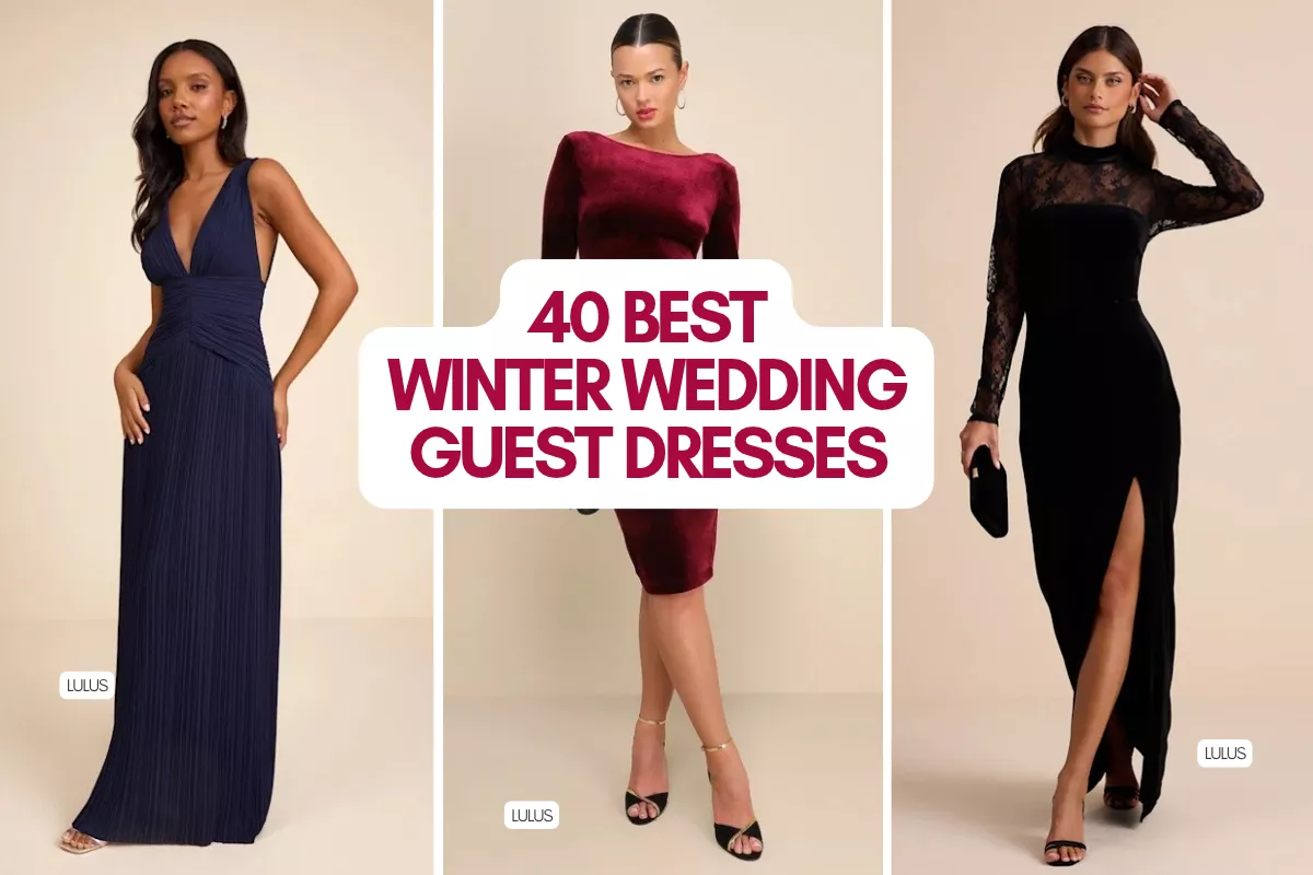 Winter wedding guest dresses in velvet, satin, and jewel tones