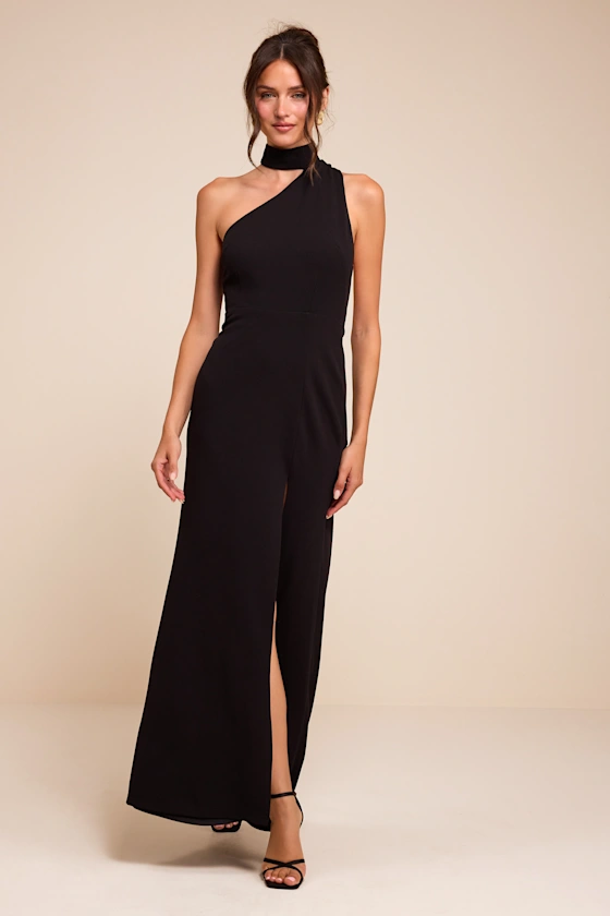 Black asymmetrical halter cut out maxi dress