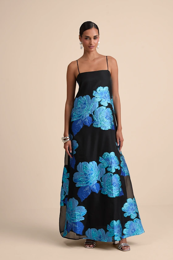Black blue floral print shift maxi dress