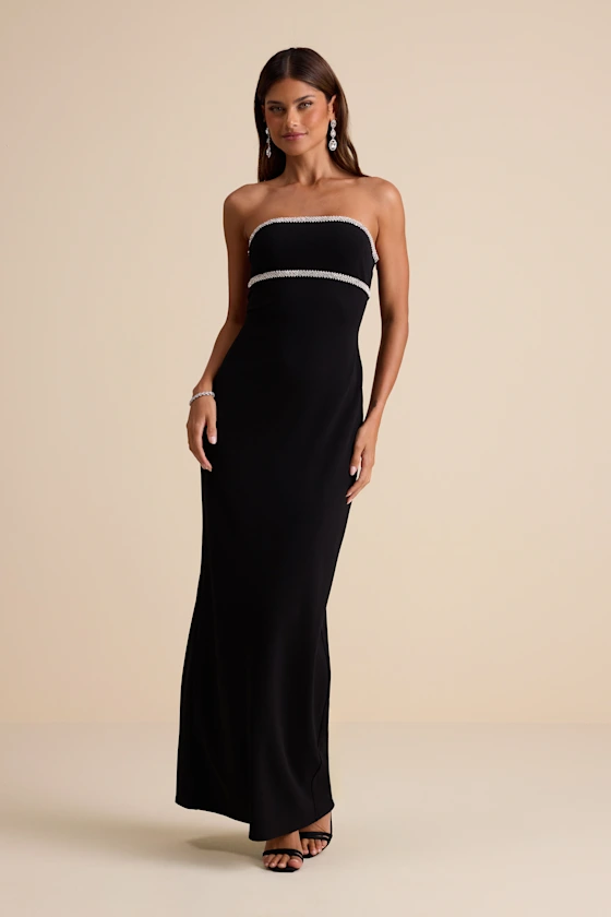 Black strapless maxi dress with rhinestones