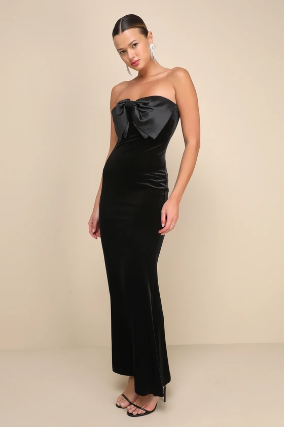 Black strapless midi dress with bow