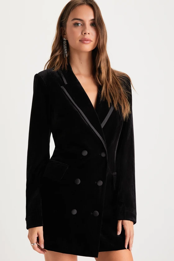 Mini black velvet blazer dress