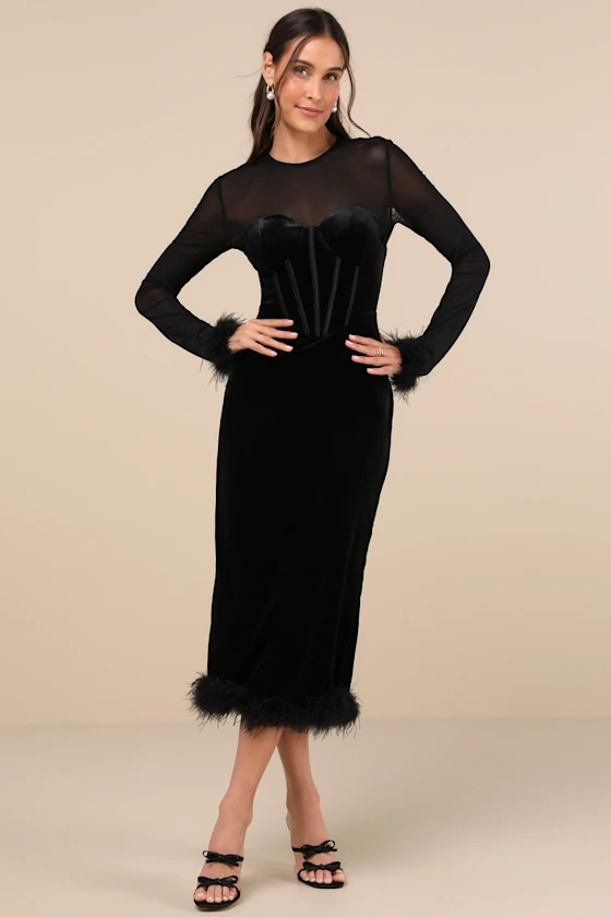 Black feather midi dress with long sleeves