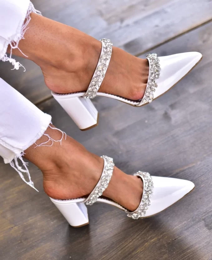 Mule wedding shoes with wide strap and rhinestones