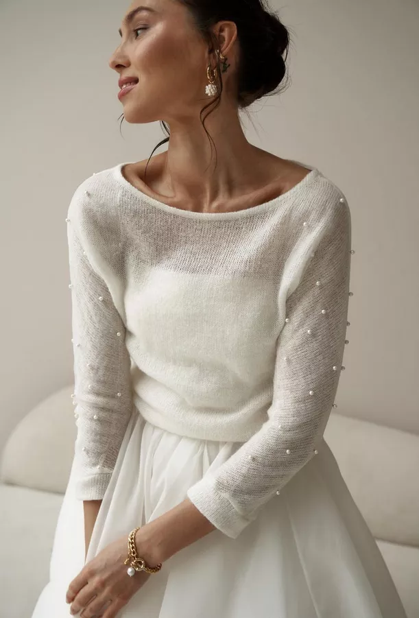Ivory knit bridal pullover sweater with pearls