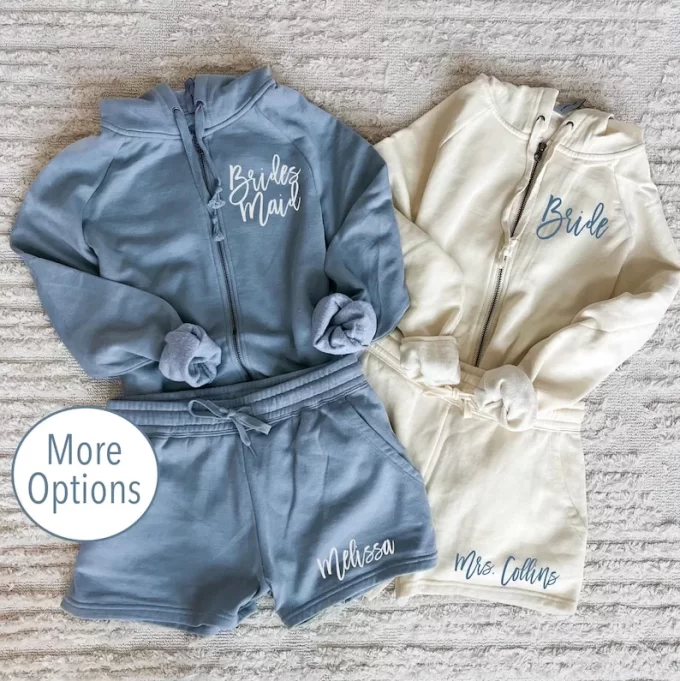 Cute and comfy loungewear sets with zipper hoodies and shorts for bridesmaids