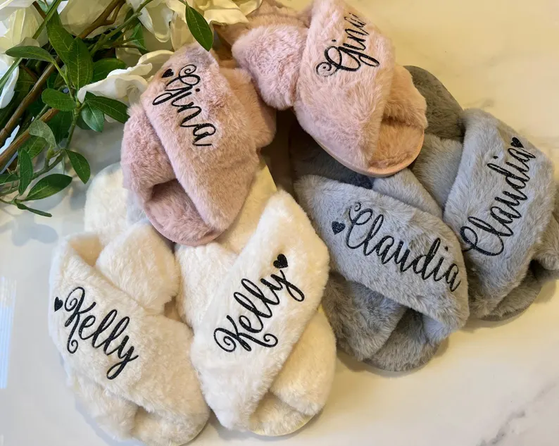 fluffy bridesmaid slippers personalized