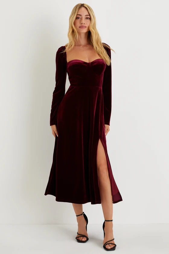Burgundy velvet bustier midi dress