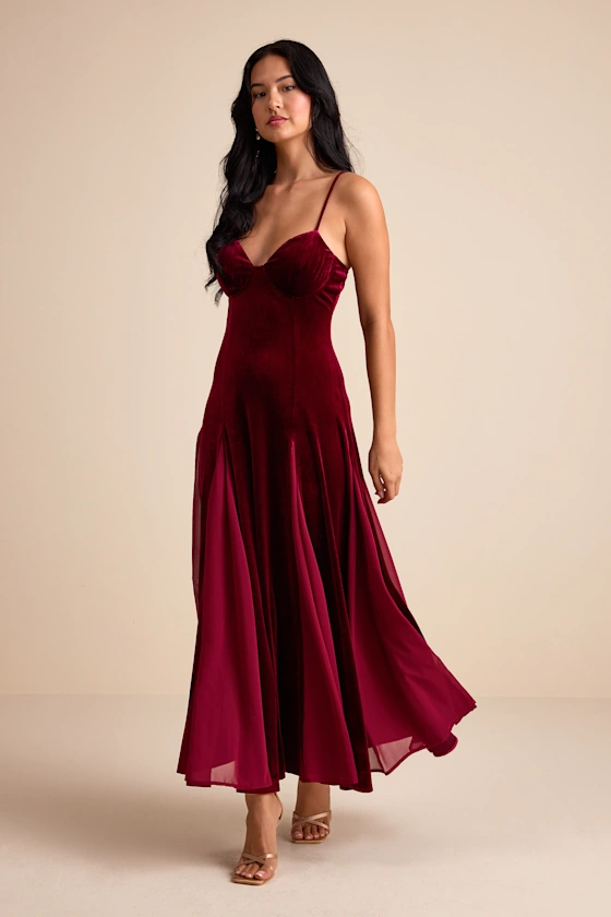 Burgundy strappy midi dress for winter wedding guest apparel