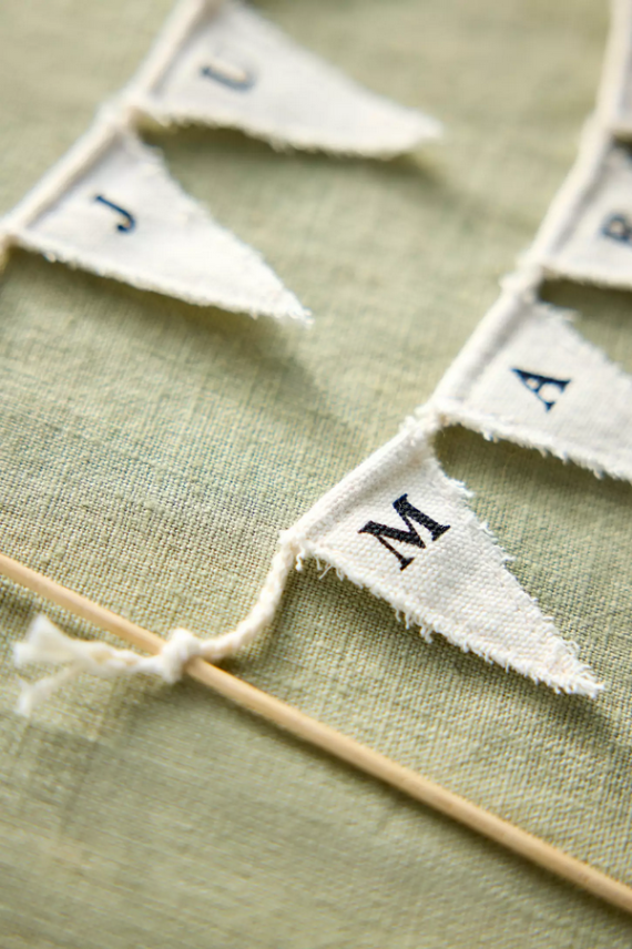 Up close photo of a Just Married pennant style cake topper