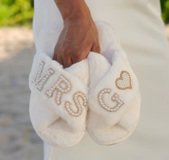 Personalized fluffy slippers for bride and bridesmaids