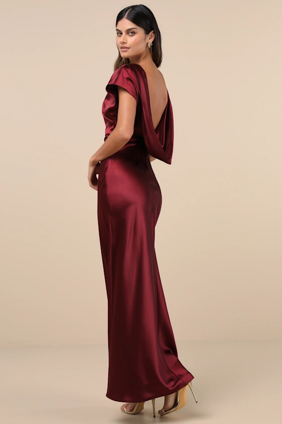 Wine red maxi dress in satin with cowl back