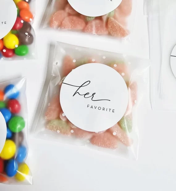 DIY wedding favor stickers for “His Favorite” and “Her Favorite” candy bags