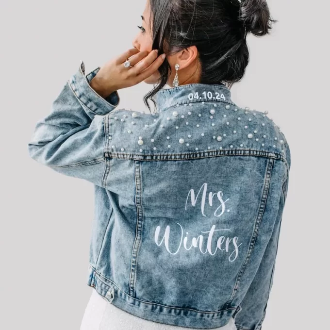 Embroidered denim bridal jacket for brides with personalized initials