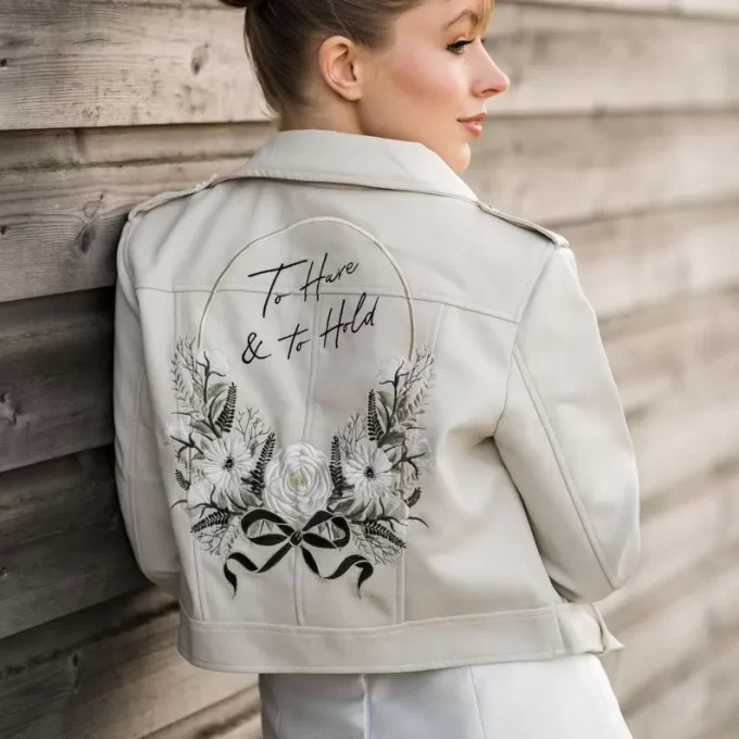 Ivory leather bridal jacket for modern minimalist brides