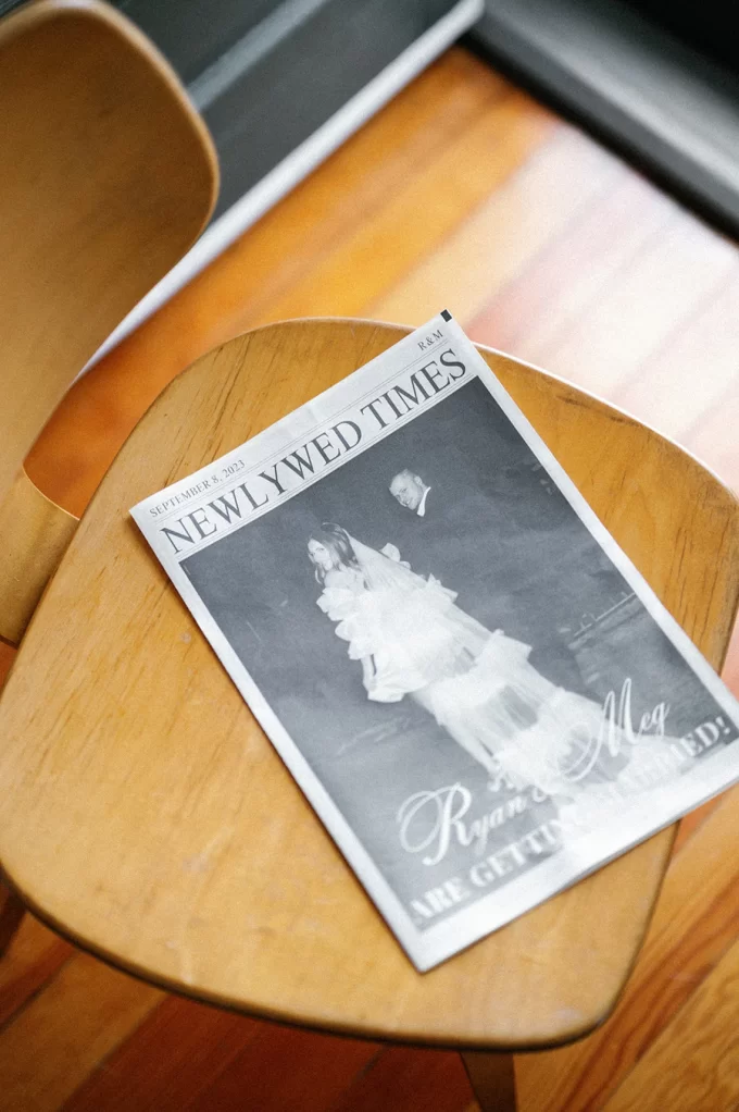 Collage of popular Etsy wedding newspaper program templates.