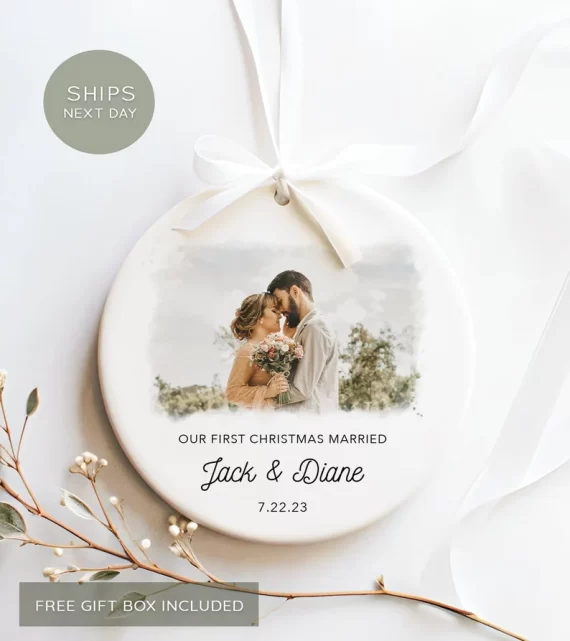 Portrait first christmas married ornament with names and date on Etsy, gift box included and ready to ship