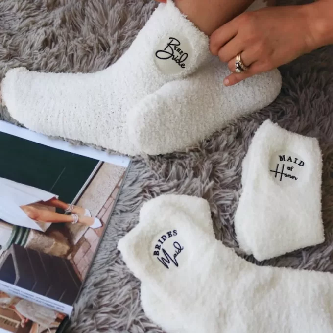 Fuzzy socks for bridesmaids to travel with