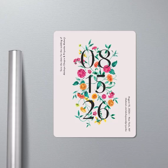 Garland style floral non-photo save the date in magnet form