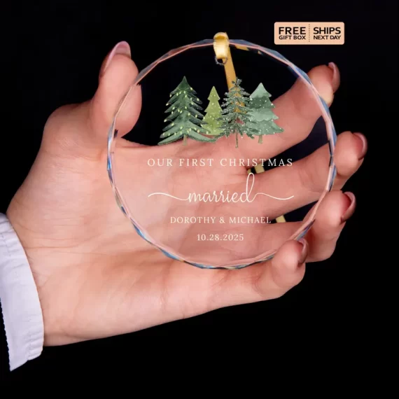 glass our first christmas married ornament personalized with wedding date and year