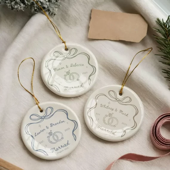 Round personalized detail on Etsy first Christmas married ornament with names and date
