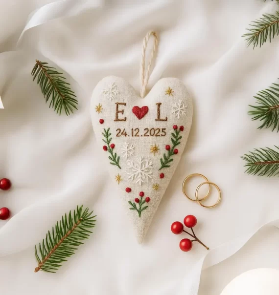 Long heart shaped hand embroidered Etsy wedding ornament to commemorate first Christmas married