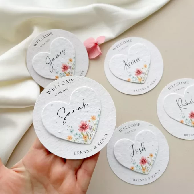 Heart shaped plantable seed favors that are also place cards