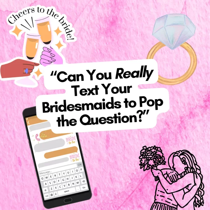 Cute phone flatlay with bridesmaid text message and engagement ring