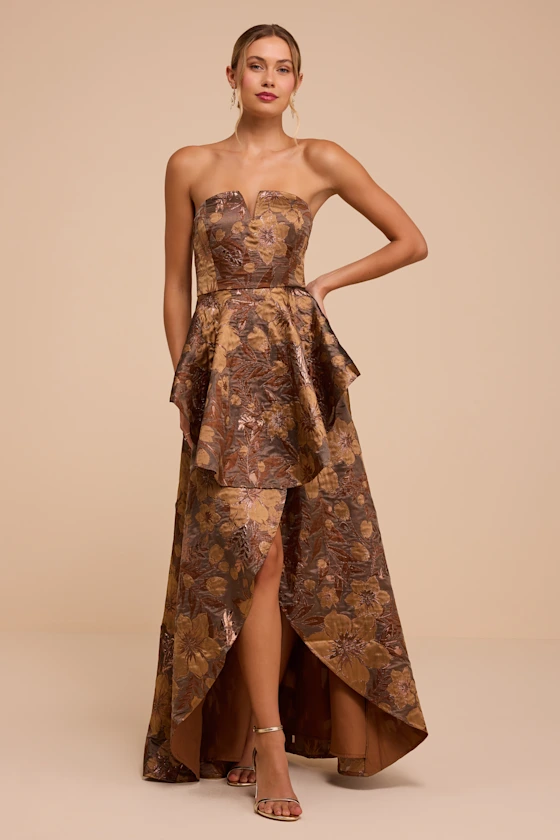 Floral jacquard strapless high-low maxi for winter wedding guest outfit