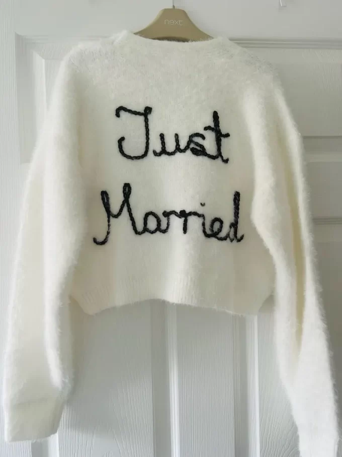 Hand embroidered just married fluffy bridal cardigan