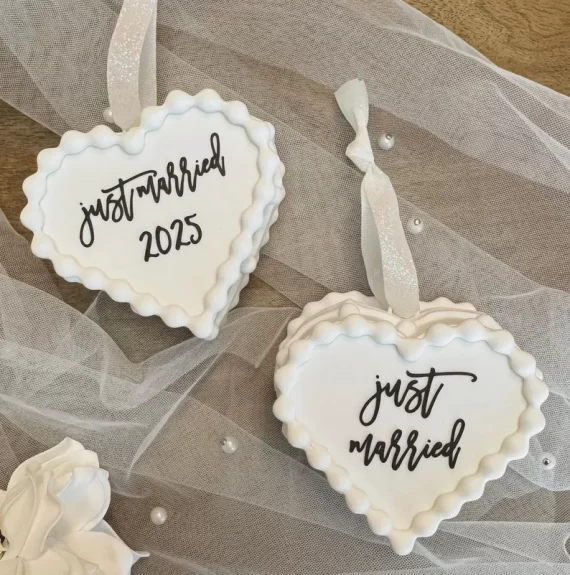 Wedding cake inspired ornament with heart shape and Just Married with wedding year