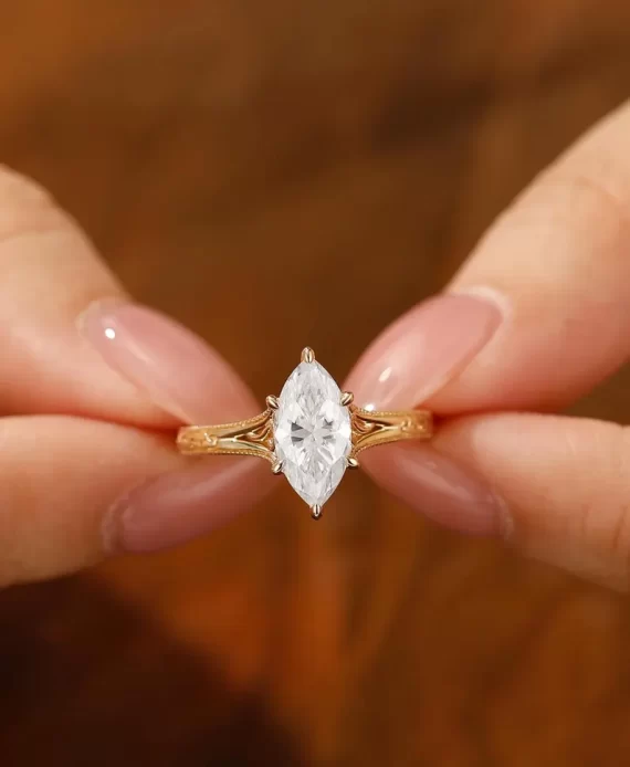 marquise cut engagement ring with moissanite stone