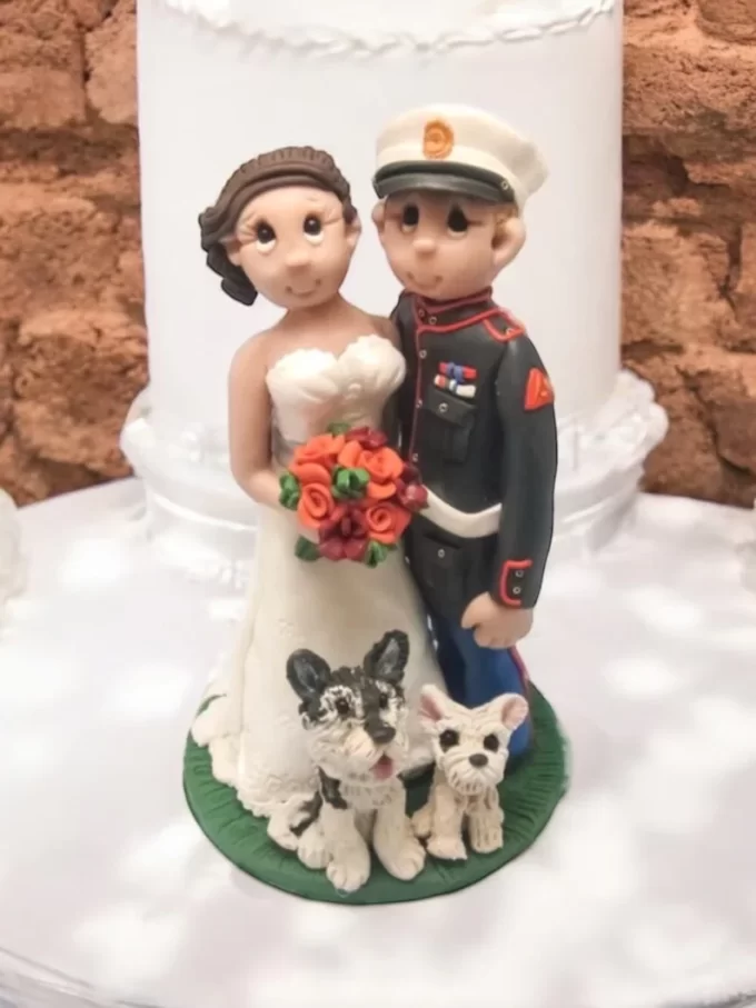 Bride and groom, man in military style uniform, custom made in their image
