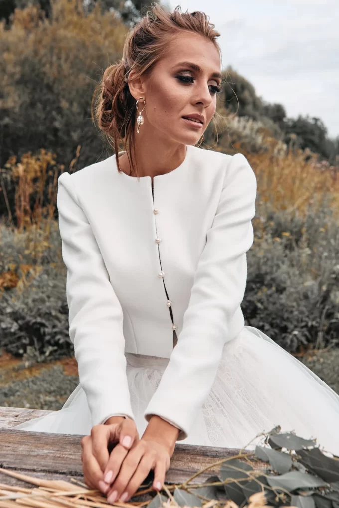 Minimalist wool bridal jacket for chic wedding layering