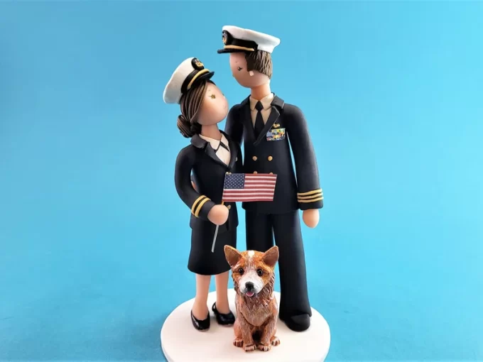 Navy officers wedding cake topper in uniform with flag and dog