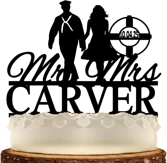 Navy sailor wedding cake topper with silhouette style bride and groom and personalized Mr and Mrs name