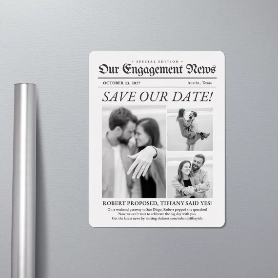 Newspaper save the date magnet style