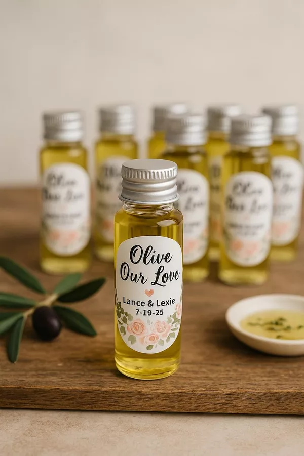 Miniature bottles of olive oil for gifting to guests as wedding favors