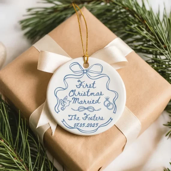Custom ornament for newlyweds from Etsy shop, perfect first Christmas married gift