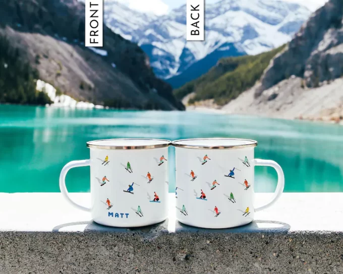 Personalized stainless steel mug with ski design