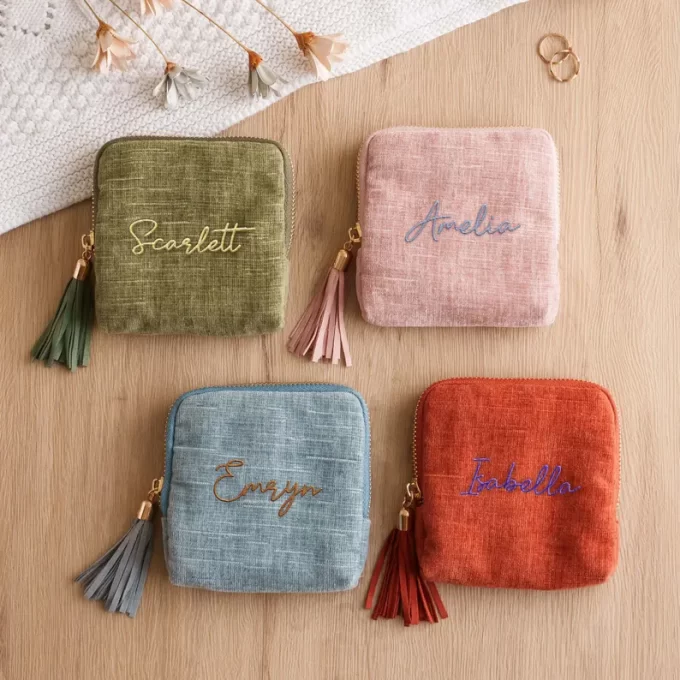 Personalized travel jewelry case for bridesmaids, compact and stylish for destination weddings