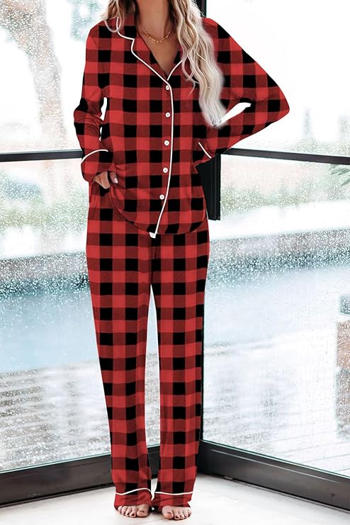 Red and black buffalo plaid flannel bridesmaid pajamas sets