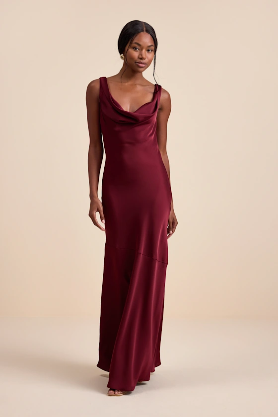 Red cowl back maxi dress for winter wedding guests