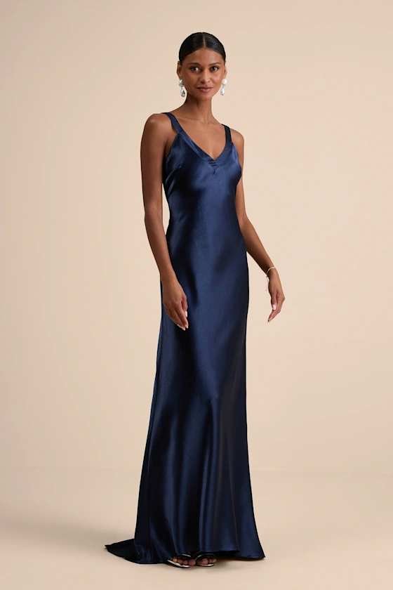 Navy blue satin formal gown for winter wedding guest attire