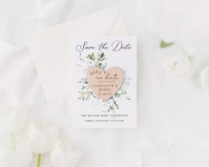 Wooden heart-shaped magnet save the date card