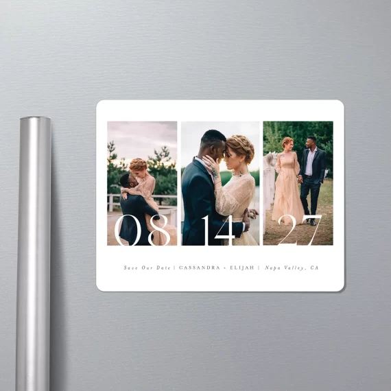 Cheap save the date magnets with three photos and large wedding date