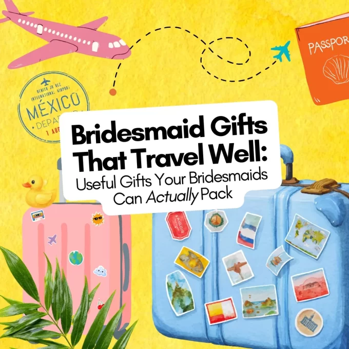 Travel-friendly bridesmaid gifts for a destination wedding, including compact bags, jewelry cases, and personalized accessories