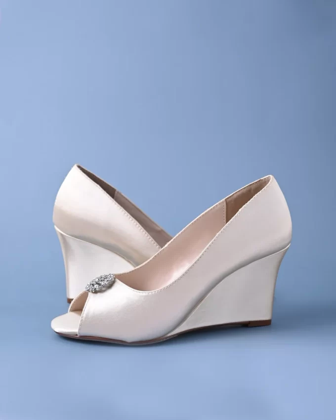 Satin bridal wedges for the bride with peep toe and rhinestone detail