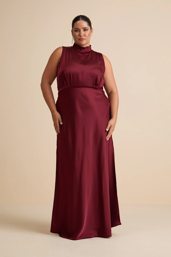 Wine mock neck maxi dress sleeveless style for winter weddings